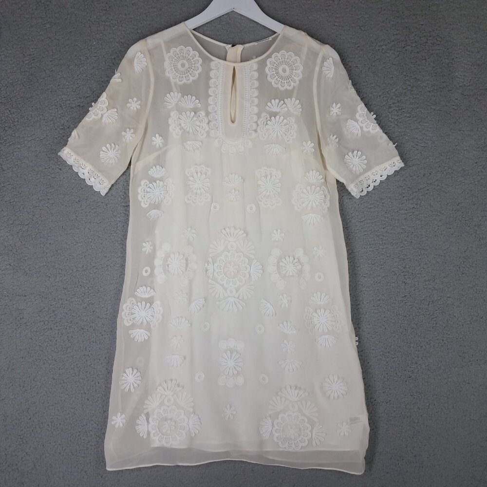 Club Monaco Silk Dress Women's 6 Ivory Cottagecore Floral Wedding Sheer Zip Up